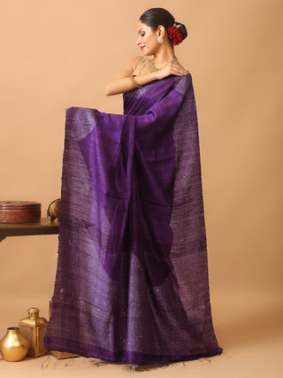 Purple Pure Washed Matka Silk Saree With Wavy Woven Pattern On Border And Pallu