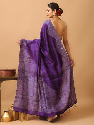 Purple Pure Washed Matka Silk Saree With Wavy Woven Pattern On Border And Pallu