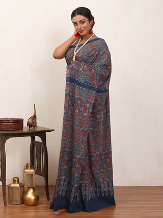 Indigo Blue Pure Cotton Saree With Multi-Coloured Ajrakh Print
