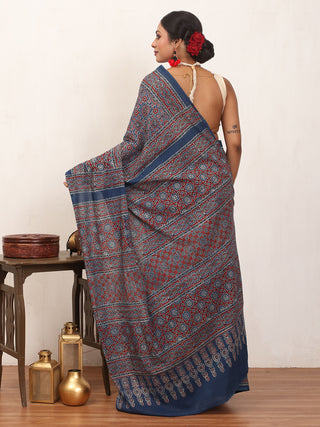 Indigo Blue Pure Cotton Saree With Multi-Coloured Ajrakh Print