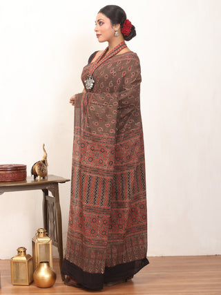 Earth Brown Pure  Cotton Saree With Multi-Coloured Ajrakh Print