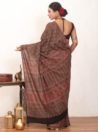 Earth Brown Pure  Cotton Saree With Multi-Coloured Ajrakh Print