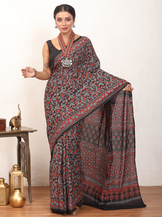 Black Pure  Cotton Saree With Multi-Coloured Ajrakh Print