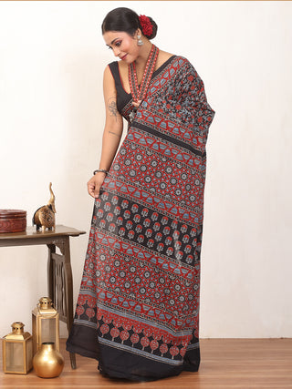 Black Pure  Cotton Saree With Multi-Coloured Ajrakh Print