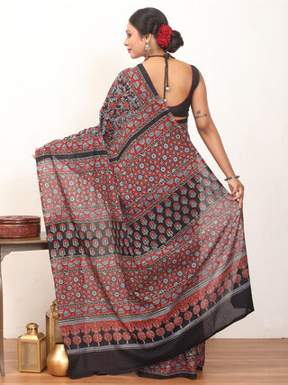 Black Pure  Cotton Saree With Multi-Coloured Ajrakh Print