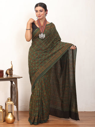 Sage Green Pure Cotton Saree With Multi-Coloured Ajrakh Print