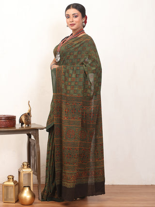 Sage Green Pure Cotton Saree With Multi-Coloured Ajrakh Print