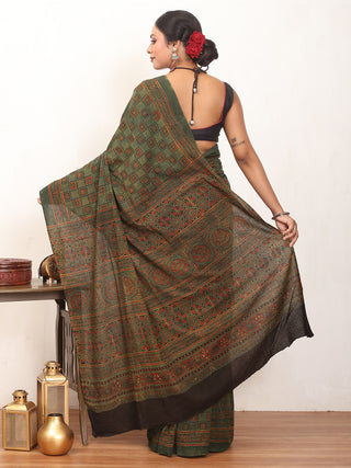 Sage Green Pure Cotton Saree With Multi-Coloured Ajrakh Print