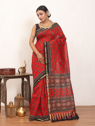 Red Chanderi Silk Saree With Multi-Coloured Ajrakh Print
