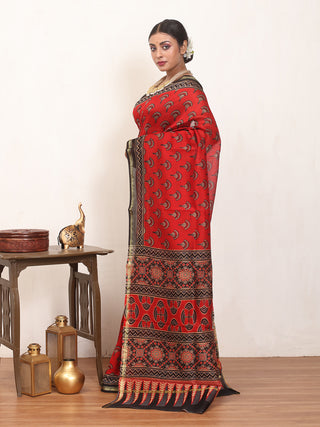 Red Chanderi Silk Saree With Multi-Coloured Ajrakh Print