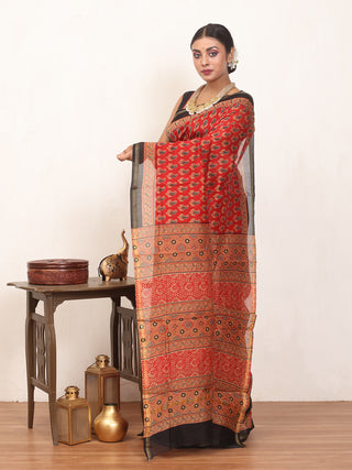 Red Chanderi Silk Saree With Multi-Coloured Ajrakh Print