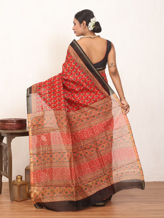 Red Chanderi Silk Saree With Multi-Coloured Ajrakh Print