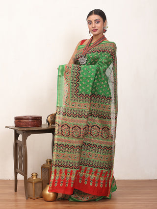 Leaf Green Chanderi Silk Saree With Multi-Coloured Ajrakh Print