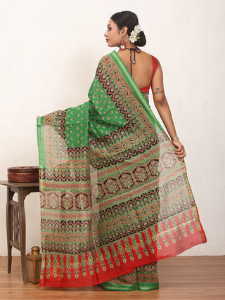 Leaf Green Chanderi Silk Saree With Multi-Coloured Ajrakh Print