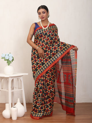 Beige Chanderi Silk Saree With Ajrakh Print In Red, Indigo Blue, And Black Colours