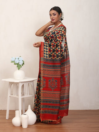Beige Chanderi Silk Saree With Ajrakh Print In Red, Indigo Blue, And Black Colours
