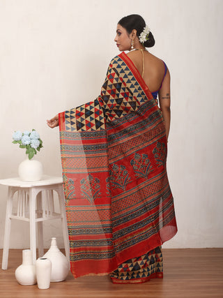 Beige Chanderi Silk Saree With Ajrakh Print In Red, Indigo Blue, And Black Colours