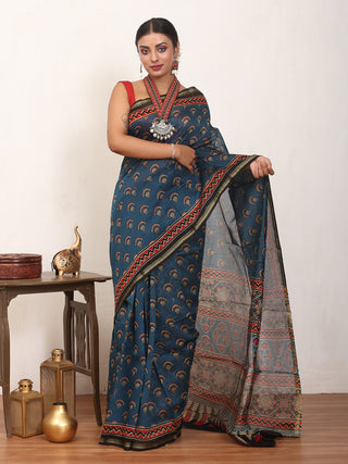 Indigo Blue Chanderi Silk Saree With Multi-Coloured Ajrakh Print