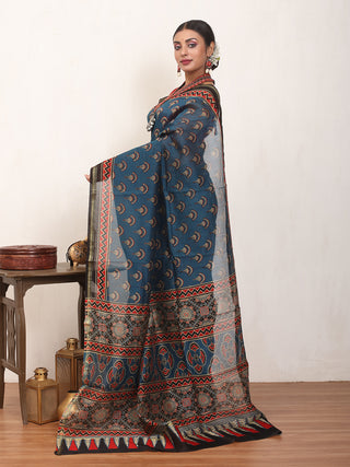 Indigo Blue Chanderi Silk Saree With Multi-Coloured Ajrakh Print