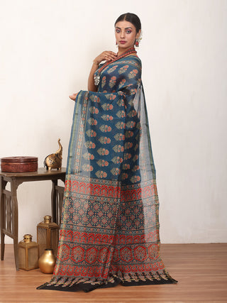 Indigo Blue Chanderi Silk Saree With Multi-Coloured Ajrakh Print