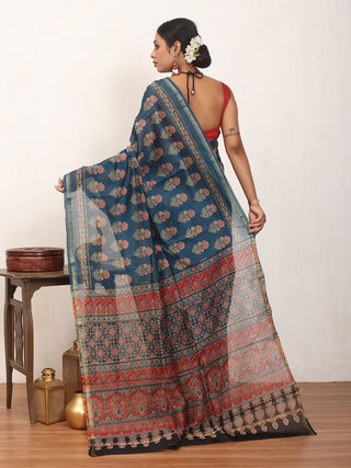 Indigo Blue Chanderi Silk Saree With Multi-Coloured Ajrakh Print