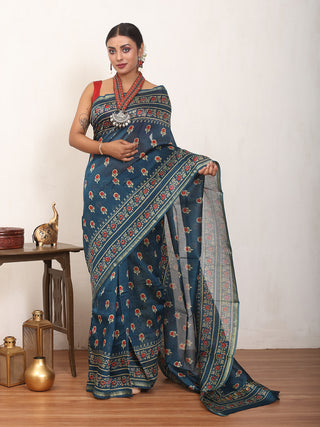 Indigo Blue Chanderi Silk Saree With Multi-Coloured Ajrakh Print