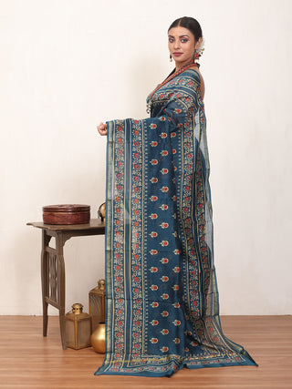 Indigo Blue Chanderi Silk Saree With Multi-Coloured Ajrakh Print