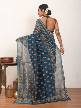 Indigo Blue Chanderi Silk Saree With Multi-Coloured Ajrakh Print