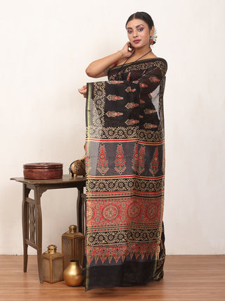 Black Chanderi Silk Saree With Multi-Coloured Ajrakh Print
