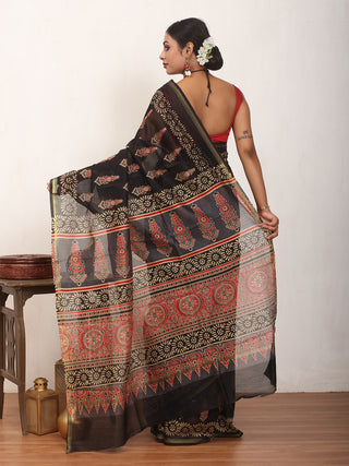 Black Chanderi Silk Saree With Multi-Coloured Ajrakh Print