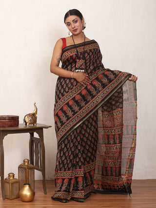 Black Chanderi Silk Saree With Multi-Coloured Ajrakh Print