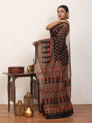 Black Chanderi Silk Saree With Multi-Coloured Ajrakh Print