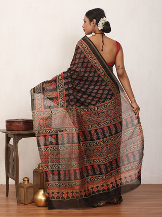 Black Chanderi Silk Saree With Multi-Coloured Ajrakh Print