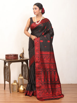 Black And Red Pure Katan Silk Baluchari Handloom Saree