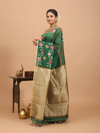 Forest Green Bengal Cotton Silk Saree with Kantha Embroidery