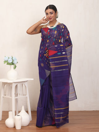 Navy Blue Pure Cotton Hand Woven Dhakai Jamdani Saree With Blouse Piece