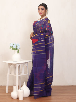 Navy Blue Pure Cotton Hand Woven Dhakai Jamdani Saree With Blouse Piece