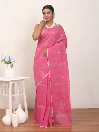 Dark Pink Pure Cotton Hand Woven Dhakai Jamdani Saree With Blouse Piece