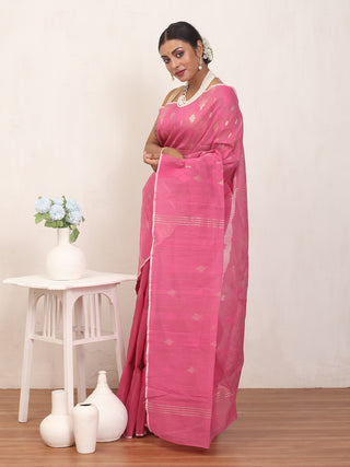 Dark Pink Pure Cotton Hand Woven Dhakai Jamdani Saree With Blouse Piece