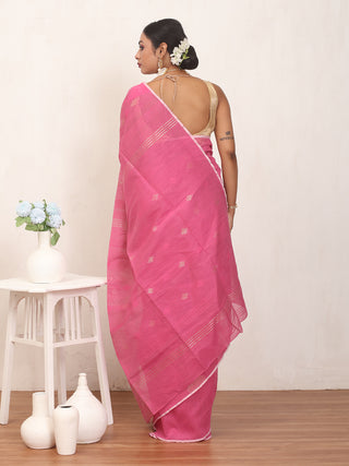 Dark Pink Pure Cotton Hand Woven Dhakai Jamdani Saree With Blouse Piece