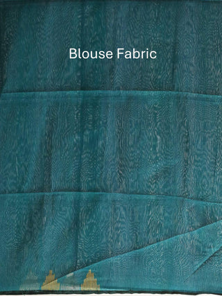 Teal Blue And Yellow Pure Cotton Hand Woven Dhakai Jamdani Saree With Blouse Piece