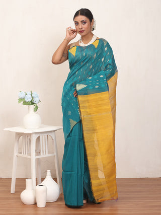 Teal Blue And Yellow Pure Cotton Hand Woven Dhakai Jamdani Saree With Blouse Piece