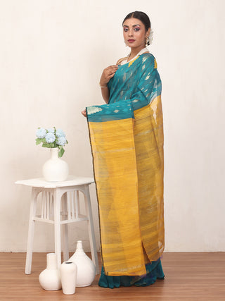 Teal Blue And Yellow Pure Cotton Hand Woven Dhakai Jamdani Saree With Blouse Piece