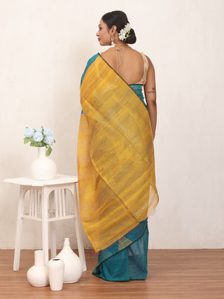 Teal Blue And Yellow Pure Cotton Hand Woven Dhakai Jamdani Saree With Blouse Piece