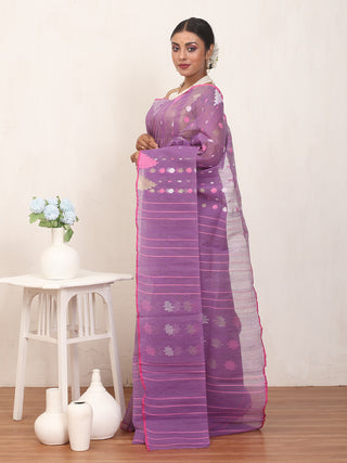 Purple Pure Cotton Hand Woven Dhakai Jamdani Saree With Blouse Piece