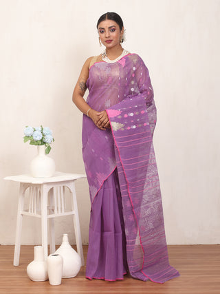 Purple Pure Cotton Hand Woven Dhakai Jamdani Saree With Blouse Piece