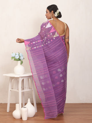 Purple Pure Cotton Hand Woven Dhakai Jamdani Saree With Blouse Piece
