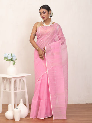 Lotus Pink Pure Cotton Hand Woven Dhakai Jamdani Saree With Blouse Piece
