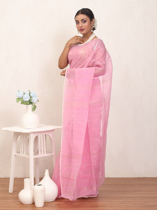 Lotus Pink Pure Cotton Hand Woven Dhakai Jamdani Saree With Blouse Piece