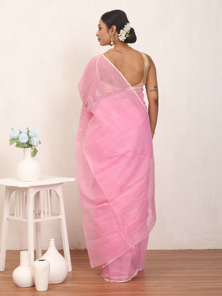 Lotus Pink Pure Cotton Hand Woven Dhakai Jamdani Saree With Blouse Piece